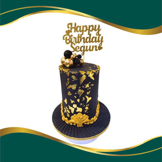 gold and black rustic findant cake design. Happy birthday cake design