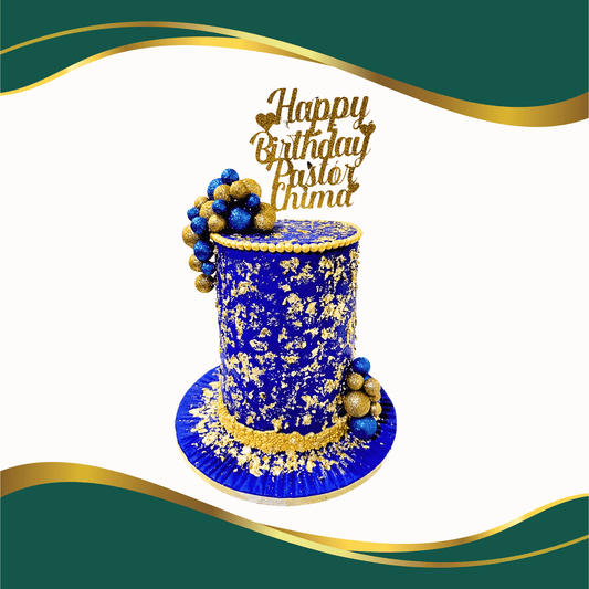 gold and blue fondant cake with faux balls