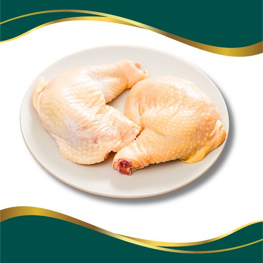 quarter chicken with skin, raw chicken leg with thigh attached. uncooked chicken on a plate, two pieces of quarter chicken