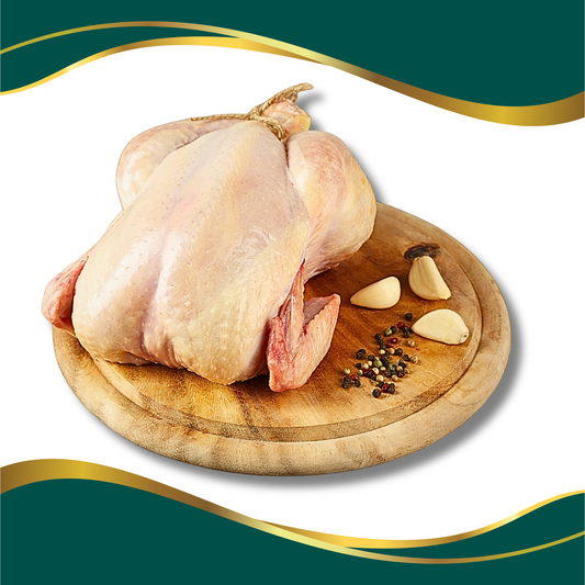 one whole raw chicken on a wooden tray with seasoning, whole raw uncooked chicken bird for food