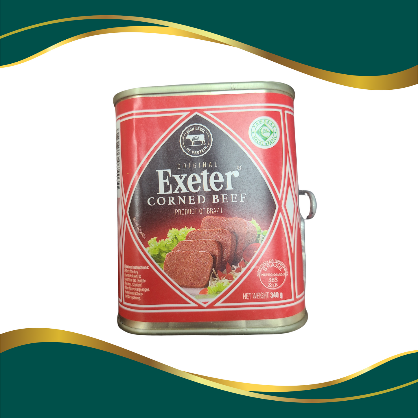 Exeter original corned beef in a can with key to open, 340g Halal corned beef from Brazil