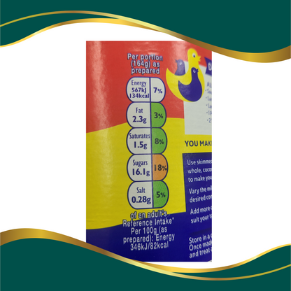 BIrd's custard per portion nutritional value and facts energy, fats, saturates, sugars and salt content.