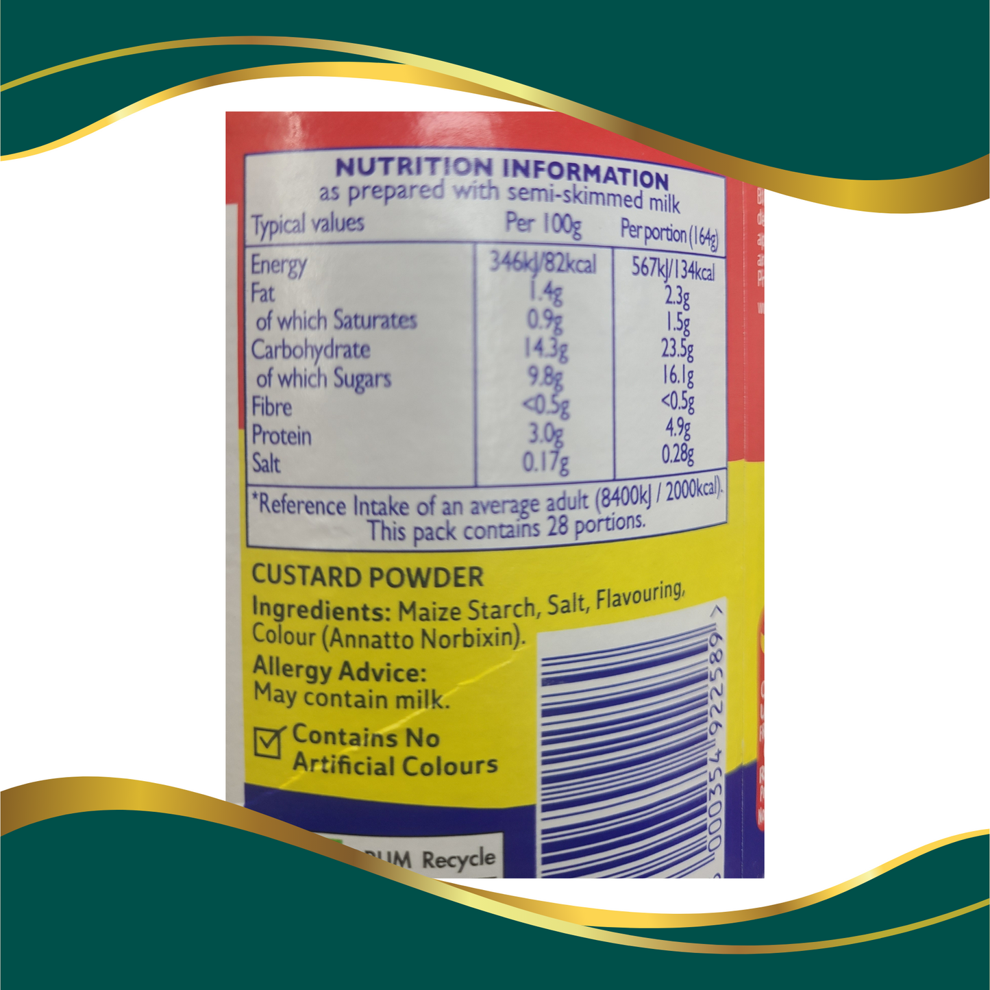 nutritutional information and content BIrd's Custard the original homemade taste, Original Custard Powder by appointment to her majesty the queen manufacturer of cakes and culinary products premier, may contain milk, maize starch, salt, flavouring, no artificial colours