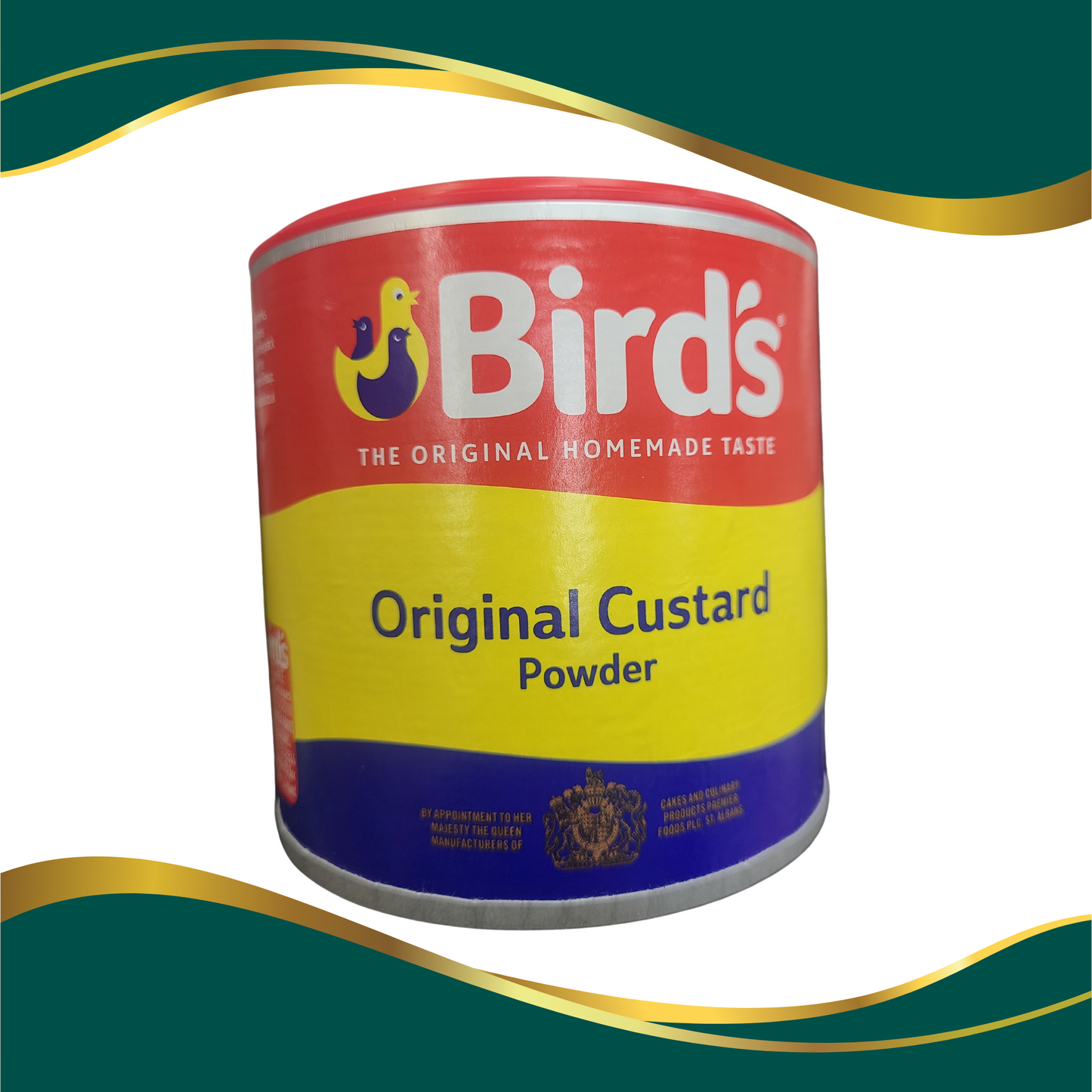 BIrd's Custard the original homemade taste, Original Custard Powder by appointment to her majesty the queen manufacturer of cakes and culinary products premier