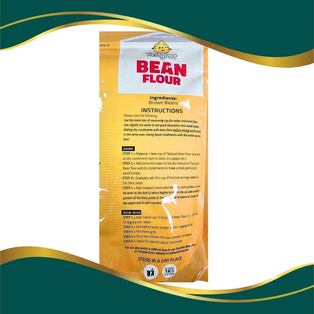 Tasty Pot Bean Flour net weight 1kg 2.2lbs no additives no preservatives, 100% beans preserved in its natural state authentic african food Ingredients Brown Benas. Instructions are on the back of the package for akara and moin moin