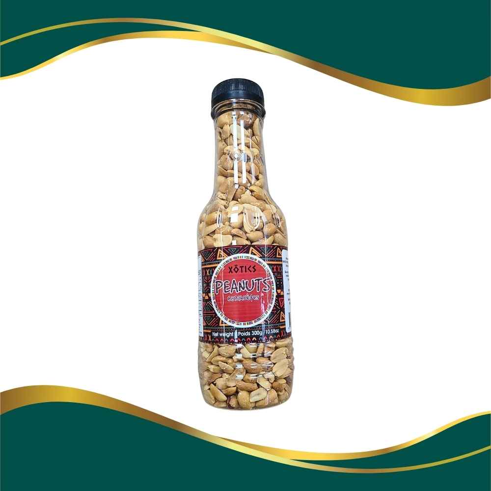 A Plastic bottle of Nigerian roasted peanuts, groundnuts, epa, XOTICS Peanuts 300g