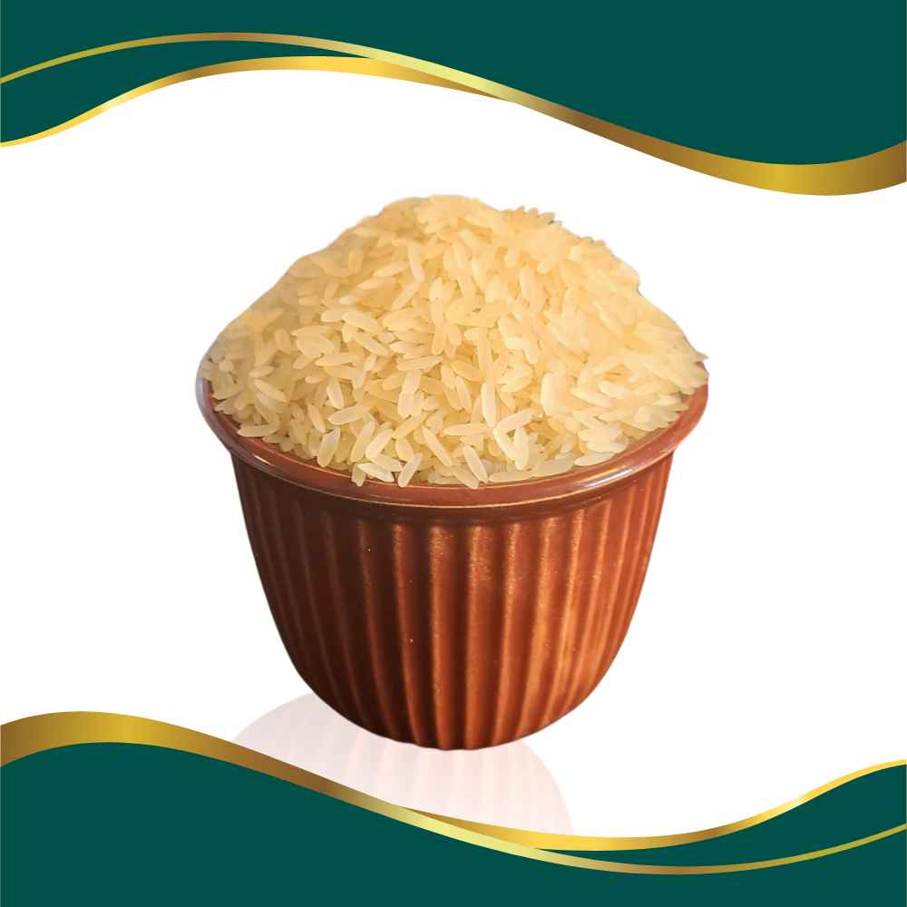 Nigerian parboiled rice, uncooked parboiled long grain rice in a bowl for jollof rice and fried rice, and white steamed rice.