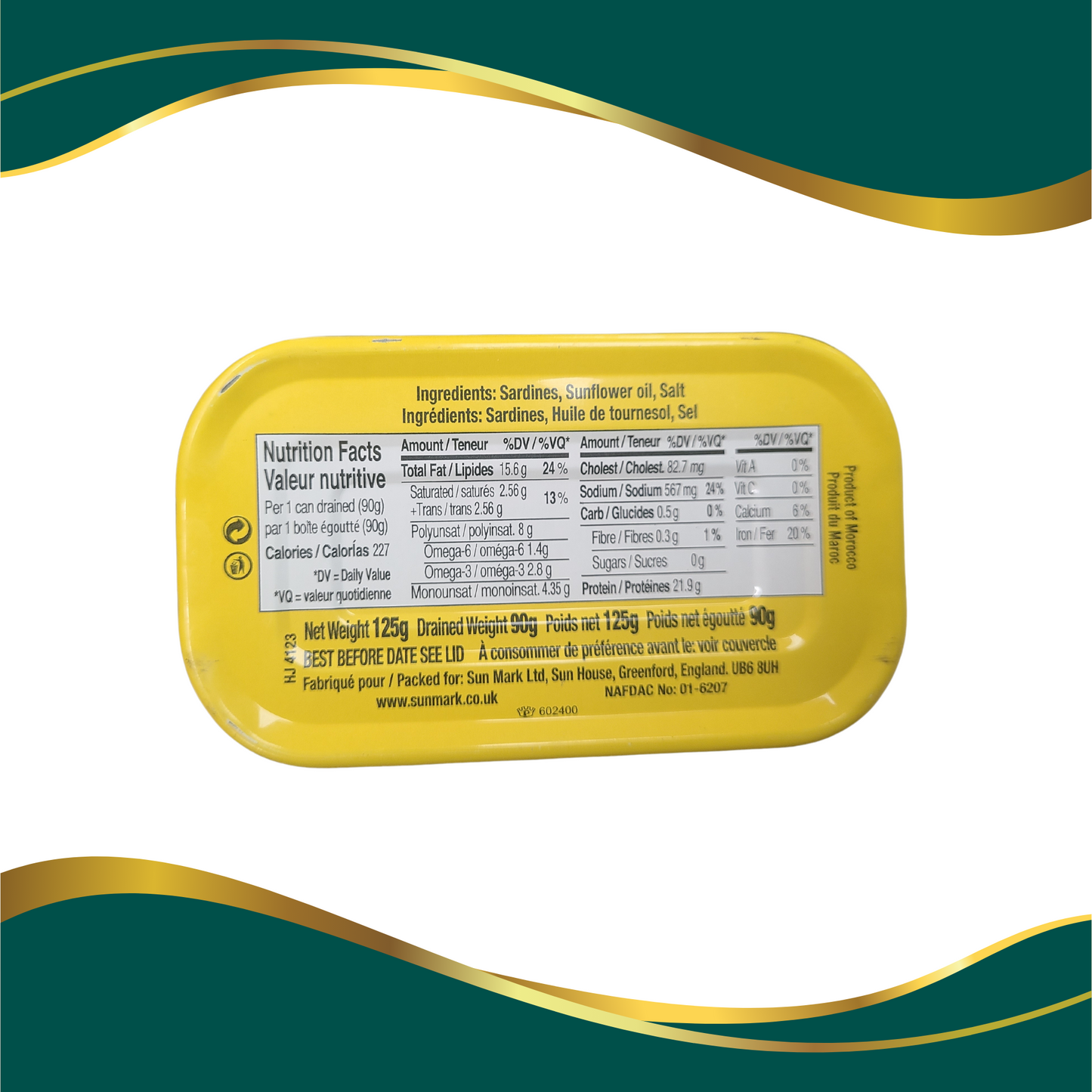 Laser Sardines canned fish Sardines in sunflower oil, product of Morocco, ingredients side of can, nutritios facts of laser sardines, net weight 125g