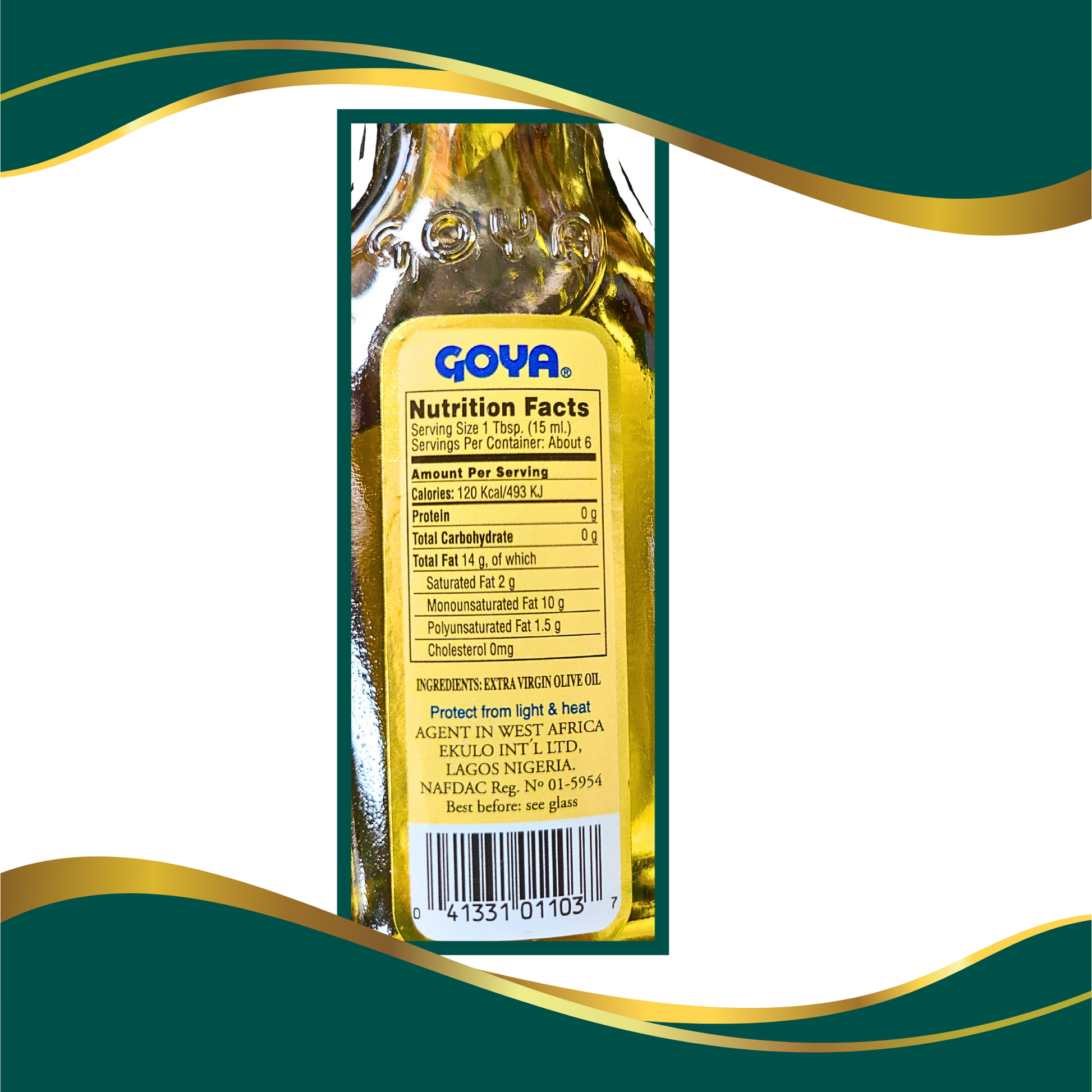 GOYA extra virgin olive oil, 88.7ml first cold press product of Spain Nutrition facts label